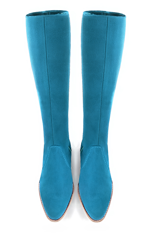 Turquoise blue women's riding knee-high boots. Round toe. Low leather soles. Made to measure. Top view - Florence KOOIJMAN